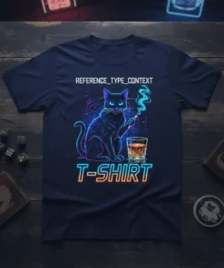 Neon black cat smoking with whiskey and "REFERENCE_TYPE_CONTEXT T-SHIRT" text, cyberpunk style