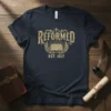 Reformed Est. 1517 Christian T-Shirt featuring an open bible graphic and laurel wreath design