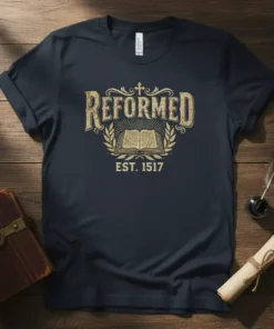 Reformed Est. 1517 Christian T-Shirt featuring an open bible graphic and laurel wreath design
