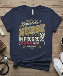 Registered Nurse In Progress Loading text design with hearts and progress bar graphic on a navy t-shirt