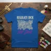 Regulate Dick Not Jane t-shirt design with intricate gear graphic and bold typography in cream and pink