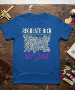 Regulate Dick Not Jane t-shirt design with intricate gear graphic and bold typography in cream and pink