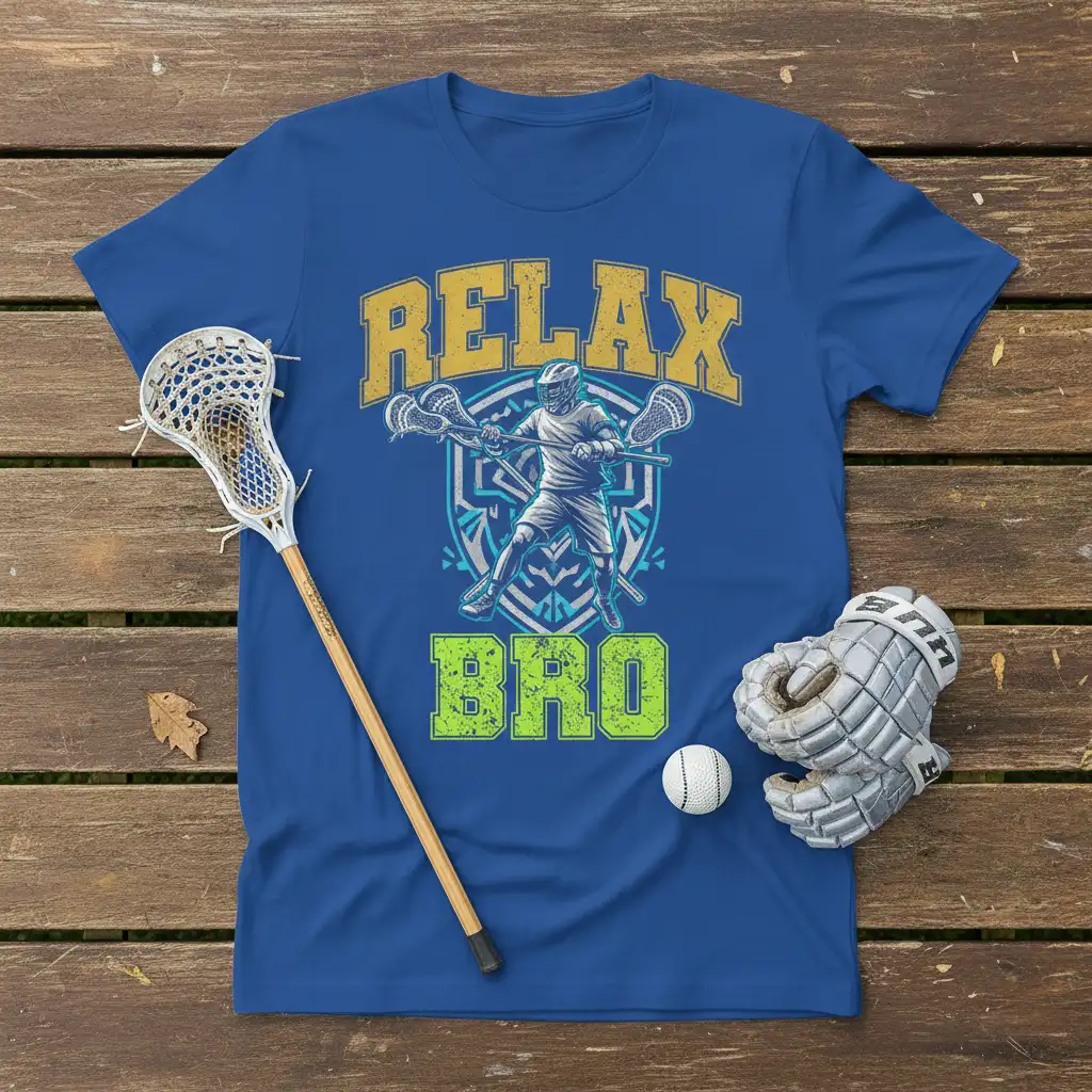 Relax Bro graphic t-shirt design with a lacrosse player holding sticks and bold text