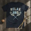Navy blue t-shirt with "RELAX BRO" text and crossed lacrosse sticks graphic