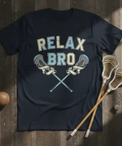 Navy blue t-shirt with "RELAX BRO" text and crossed lacrosse sticks graphic