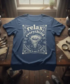 Relax, everything, everything is out of control quote on a navy blue t-shirt with a tornado graphic