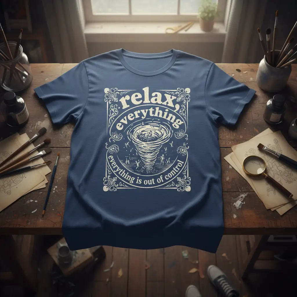 Relax, everything, everything is out of control quote with tornado graphic on a navy blue t-shirt