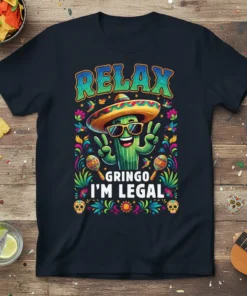 Relax Gringo I'm Legal text with a smiling cactus wearing sunglasses and a sombrero, holding maracas and peace signs, on