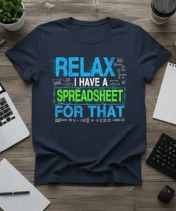 T-shirt with the text "RELAX I HAVE A SPREADSHEET FOR THAT" in blue and green, featuring graphic elements related to