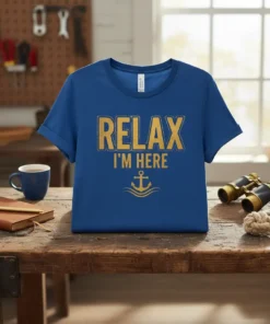 Blue t-shirt with distressed gold text "RELAX I'M HERE" and an anchor graphic with waves