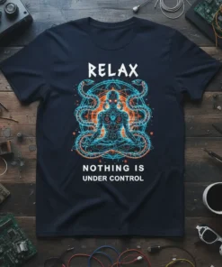 Relax Nothing Is Under Control t-shirt with meditating figure surrounded by snakes and geometric patterns in blue and orange