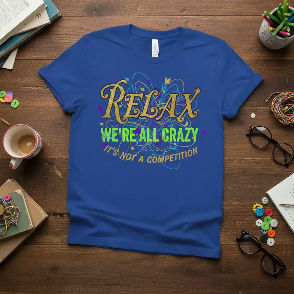 RELAX WE'RE ALL CRAZY IT'S NOT A COMPETITION quote on a blue t-shirt with abstract graphic elements