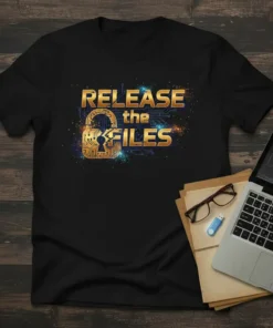 Black t-shirt with "RELEASE the FILES" text and a golden lock graphic with circuit board elements
