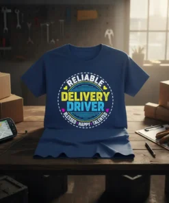 Reliable Delivery Driver Blessed Happy Talented text design with hearts and stars on a blue t-shirt