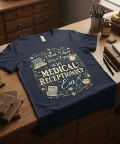Navy t-shirt with "Reliable Talented Blessed Happy IN MY MEDICAL RECEPTIONIST Era" text and medical icons like laptop, calculator, and