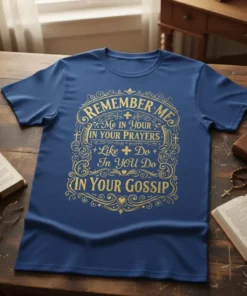 Blue t-shirt with gold text: "REMEMBER ME IN YOUR PRAYERS Like DO In YOU DO IN YOUR GOSSIP" quote design