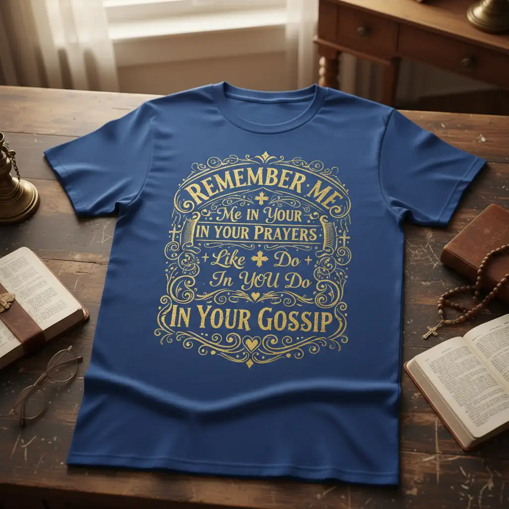 Remember Me In Your Prayers quote t-shirt design with ornate gold typography and religious symbols
