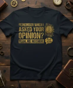 Gold text t-shirt with "Remember When I Asked Your Opinion? Yeah, Me Neither." quote and a brain graphic