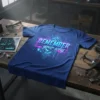 Blue t-shirt with "REMEMBER your why" text and digital circuit graphic in pink and teal