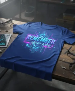 Blue t-shirt with "REMEMBER your why" text and digital circuit graphic in pink and teal