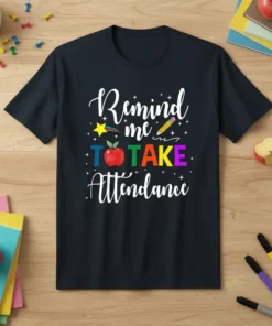 Teacher T-Shirt with the quote "Remind me TO TAKE Attendance" in white script and colorful block letters, featuring an apple