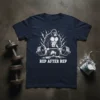 Rep After Rep t-shirt design with a muscular gorilla lifting a barbell, white outline graphic on navy blue shirt