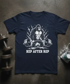Rep After Rep t-shirt design with a muscular gorilla lifting a barbell, white outline graphic on navy blue shirt