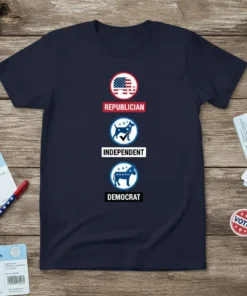 Republican Independent Democrat eye-catching graphic design printed on comfortable cotton t-shirt