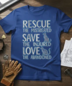T-shirt with text "Rescue the Mistreated Save the Injured Love the Abandoned" and stylized cat and dog graphics, blue shirt