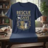 Rescue The Mistreated Save The Injured quote with dog and cat illustration on a navy blue t-shirt