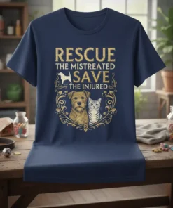 Rescue The Mistreated Save The Injured quote with dog and cat illustration on a navy blue t-shirt