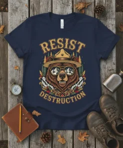 Resist Destruction t-shirt design featuring a bear wearing sunglasses and a ranger hat, with forest and mountain graphics