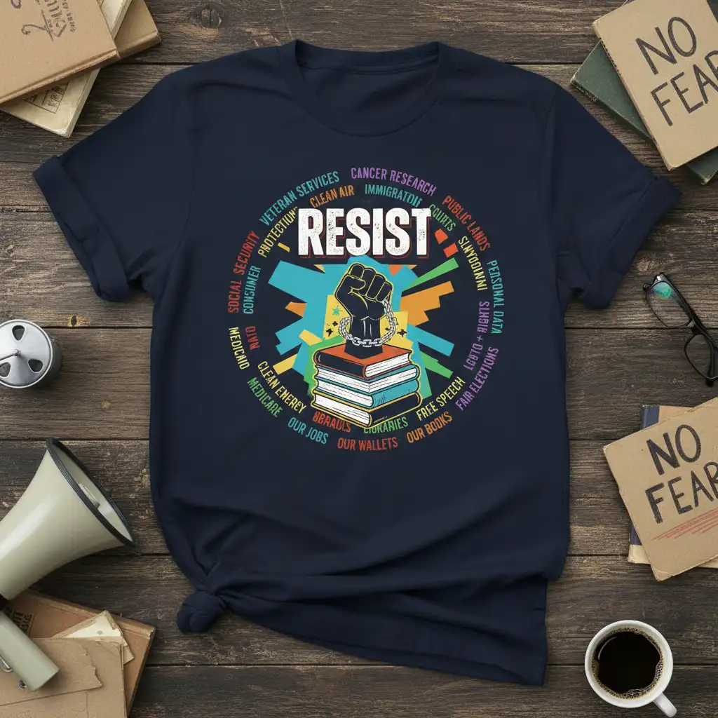 Navy t-shirt graphic featuring the word RESIST, a chained fist on books, and social justice issues like free speech and our books