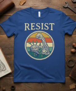 Vintage Resist t-shirt design featuring a flexing arm with growing plants inside a circular emblem, "RESIST" text above