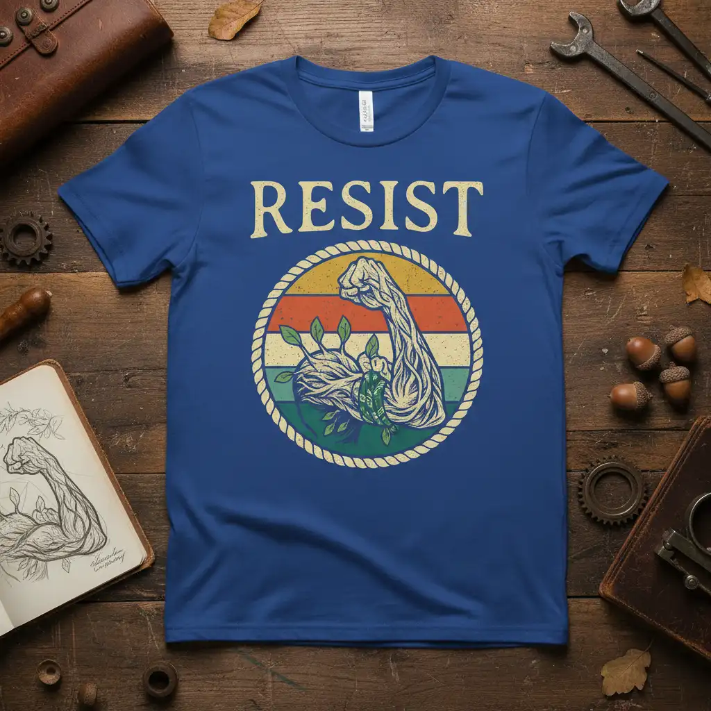 RESIST vintage t-shirt design with flexing arm and growing plants emblem
