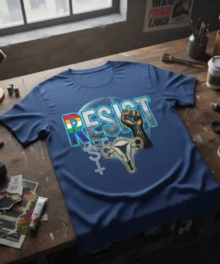 Resist Uterus Fist Rainbow Pride T-Shirt with bold text and uterus graphic