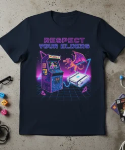 Retro gaming t-shirt design with "Respect Your Elders" text, an arcade machine, and a dragon graphic