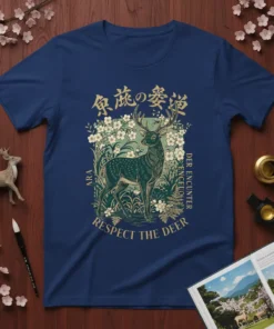 Respect The Deer Japanese Deer Encounter T-Shirt featuring a detailed illustration of a deer amidst cherry blossoms and ferns, with
