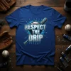 Respect The Drip text with baseball and bat graphic on a blue t-shirt