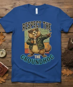 Respect The Groundhog T-Shirt design featuring a cool groundhog in a leather jacket holding a mug