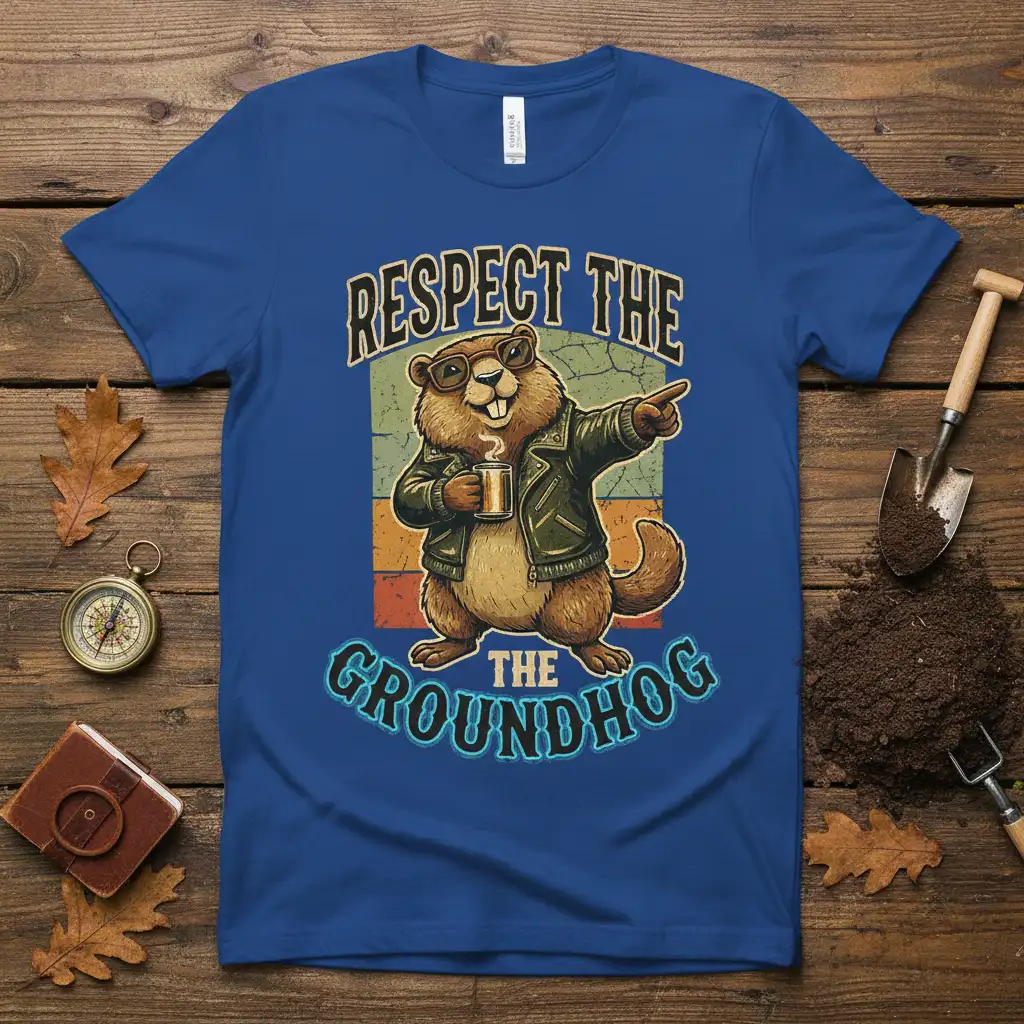 Respect The Groundhog text and cool groundhog illustration with mug and leather jacket on a t-shirt