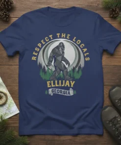 Respect the Locals Ellijay Georgia Bigfoot t-shirt design featuring a geometric Sasquatch graphic and pine trees