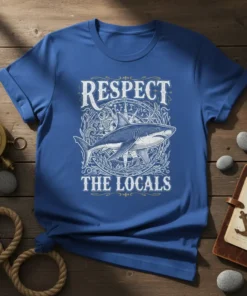 Respect The Locals t-shirt design featuring a shark graphic and nautical compass, text in distressed white font