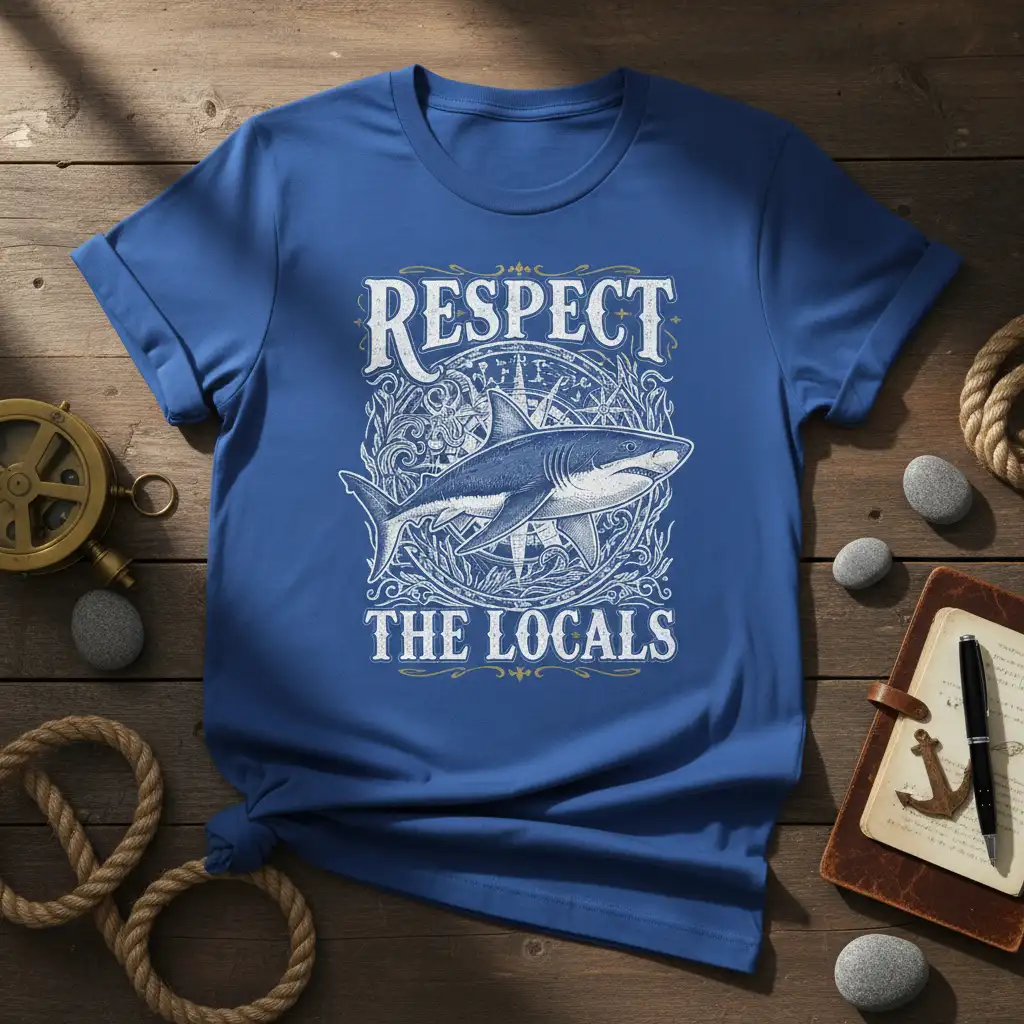 Respect The Locals shark t-shirt design with nautical compass and ocean theme graphic