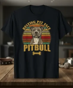 Resting Pit Face Pitbull t-shirt design with vintage sunset circle, pitbull dog portrait, and bone graphic