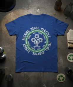 Rethink Reuse Recycle Tree T-Shirt with gear-like tree and circular text, promoting environmental awareness
