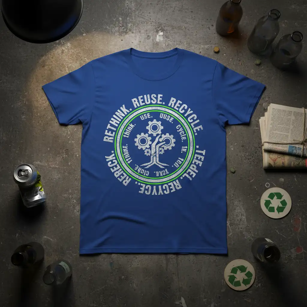 Rethink Reuse Recycle Tree bold typography printed on soft premium material creating a standout t-shirt