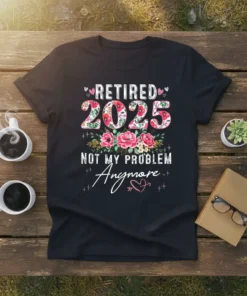 Retired 2025 Not My Problem Anymore text with floral accents on a black t-shirt design
