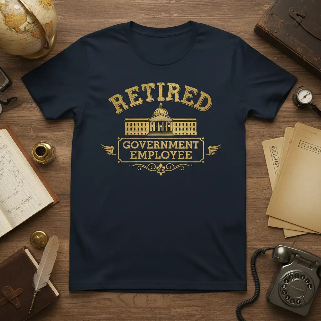 Retired Government Employee quote in gold distressed font on navy t-shirt