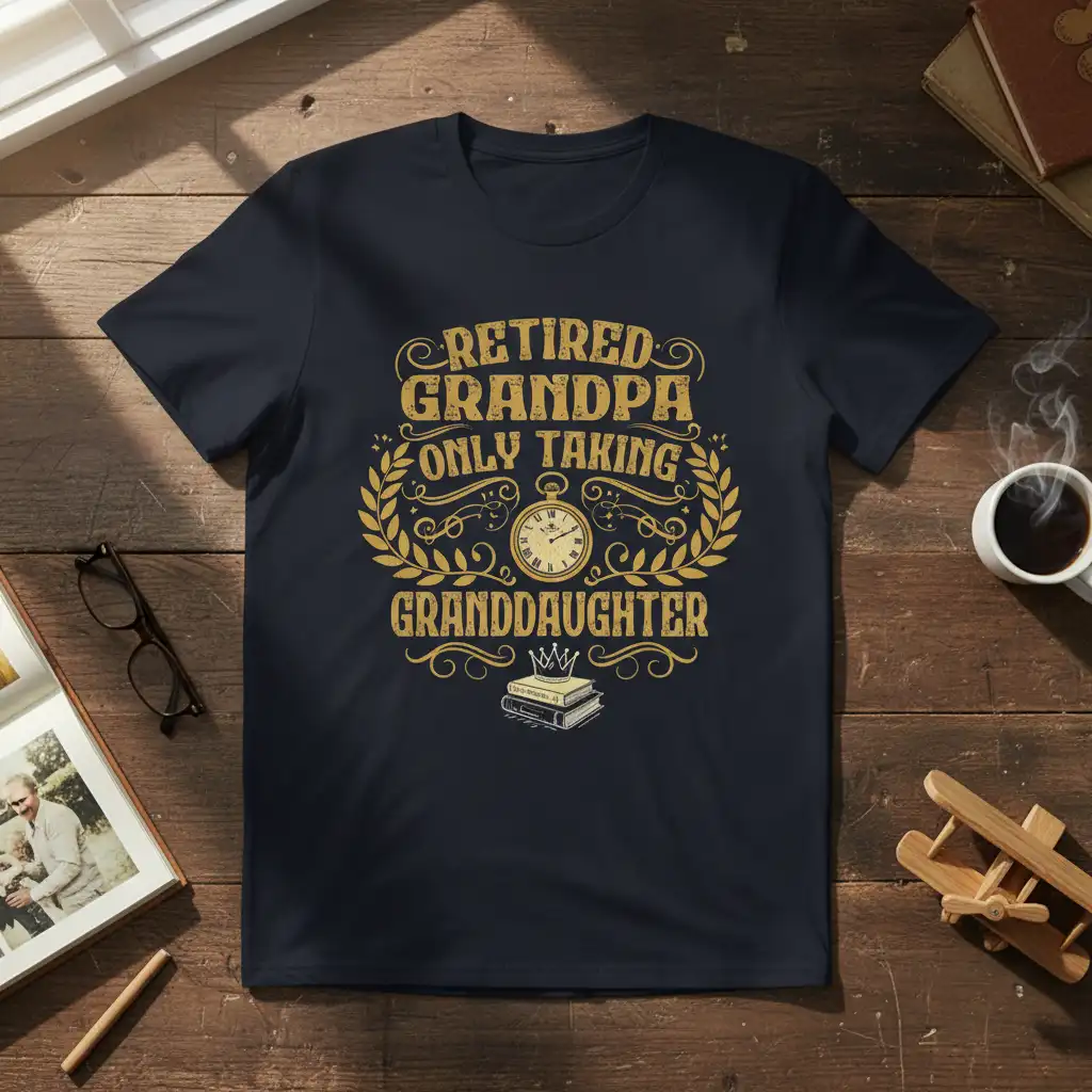 Retired Grandpa Only Taking Granddaughter text design with laurel wreath and vintage clock graphic